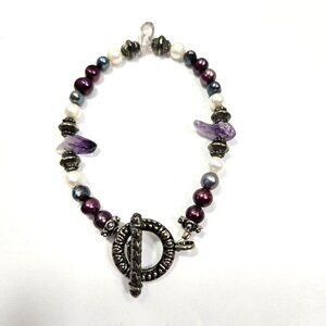 Freshwater Pearls, Amethyst Chips, Antiqued Spacer Beads & Toggle Clasp Bracelet